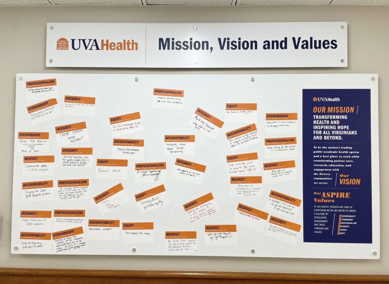 Mission, Vision, and Values Board at Medical Center