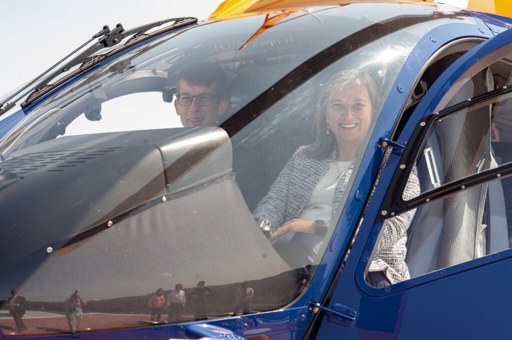 Wendy Horton sitting in cockpit of the Pegasus helicopter