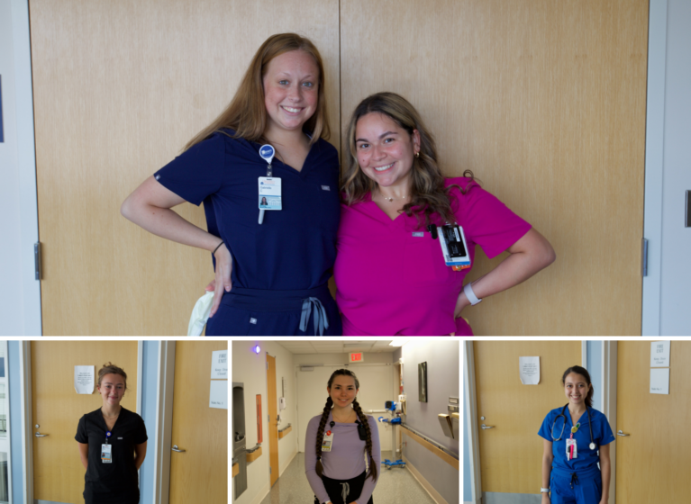 Pictured left to right, first row: nurse extern Gabby Cain and her supervisor, Maria Garcia Martinez, BSN, RN; second row: nurse externs Anna Hoffler, Sydney Compton, and Shelby Brutkiewicz